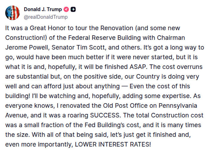 Alt text: Donald Trump tweeting about Federal Reserve Chair Jerome Powell and construction updates on Federal Reserve Building.