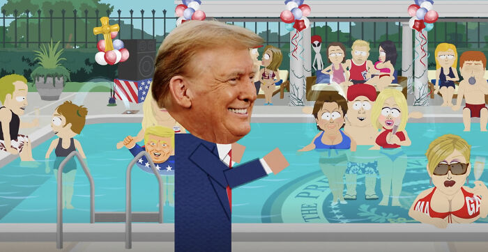 South Park animated scene mocking Trump at a pool party, highlighting the Paramount $16 million deal controversy.