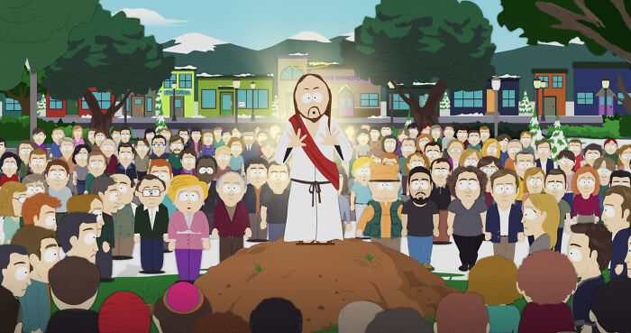 South Park scene with a crowd gathered around a central character, highlighting new season's mockery of Trump and Paramount.