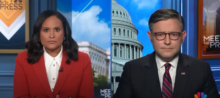 News anchor and guest in a split-screen interview discussing Ghislaine Maxwell and Mike Johnson on Meet the Press.