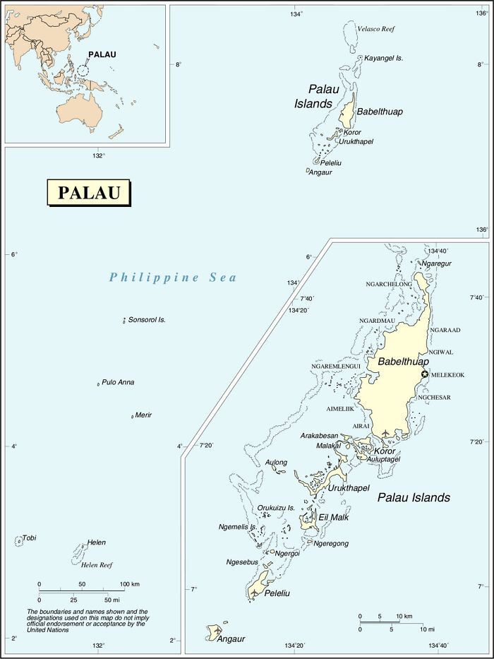 Map of Palau Islands in the Philippine Sea highlighting key locations relevant to immigration and asylum seekers.