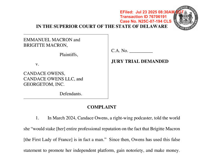 Legal complaint filed by Macrons against Candace Owens in Delaware Superior Court over false claim about Brigitte Macron.