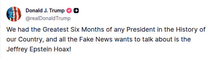 Screenshot of Donald Trump's tweet addressing the Jeffrey Epstein hoax and mentioning fake news concerns.