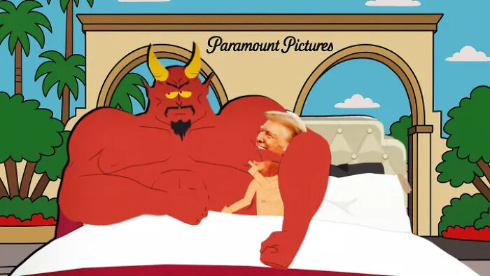 South Park cartoon scene mocking Donald Trump&rsquo;s tiny manhood under Paramount Pictures arch with demon character in bed.