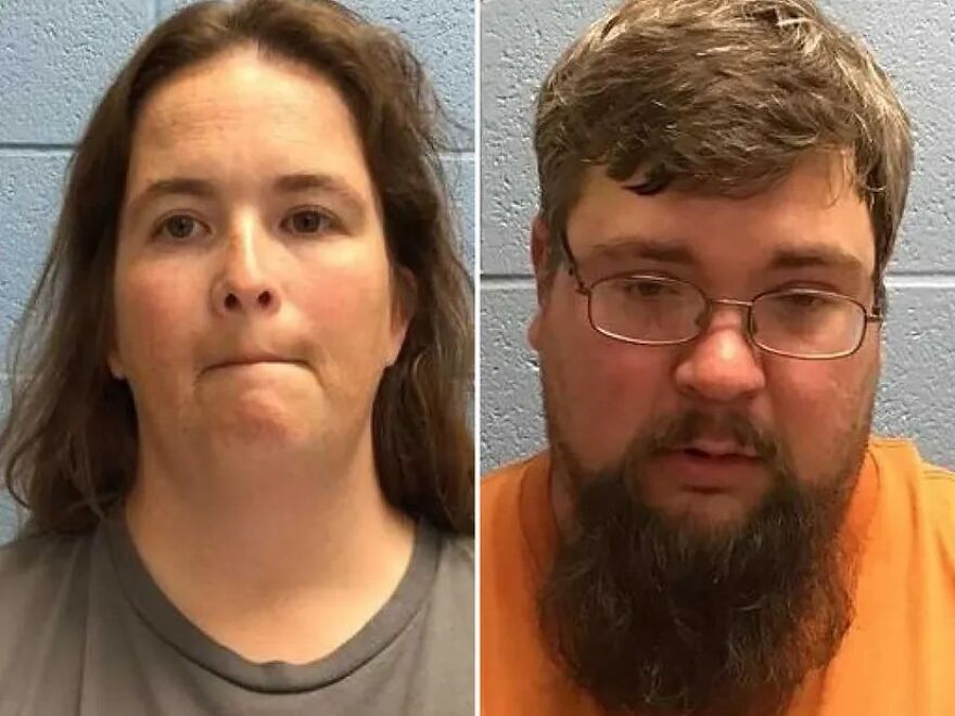 Mugshots of a man and woman linked to malnourished boy near fatal organ failure and abuse involving confinement in dog crate.
