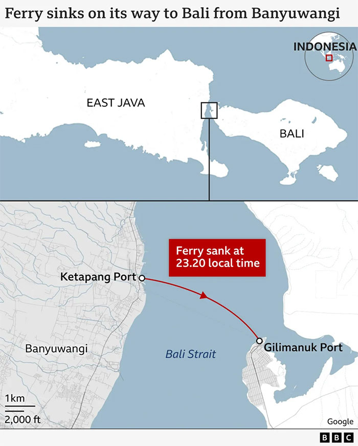 Map showing ferry route and sinking location near Bali, Indonesia involving dozens missing after ferry carrying 65 passengers sinks.