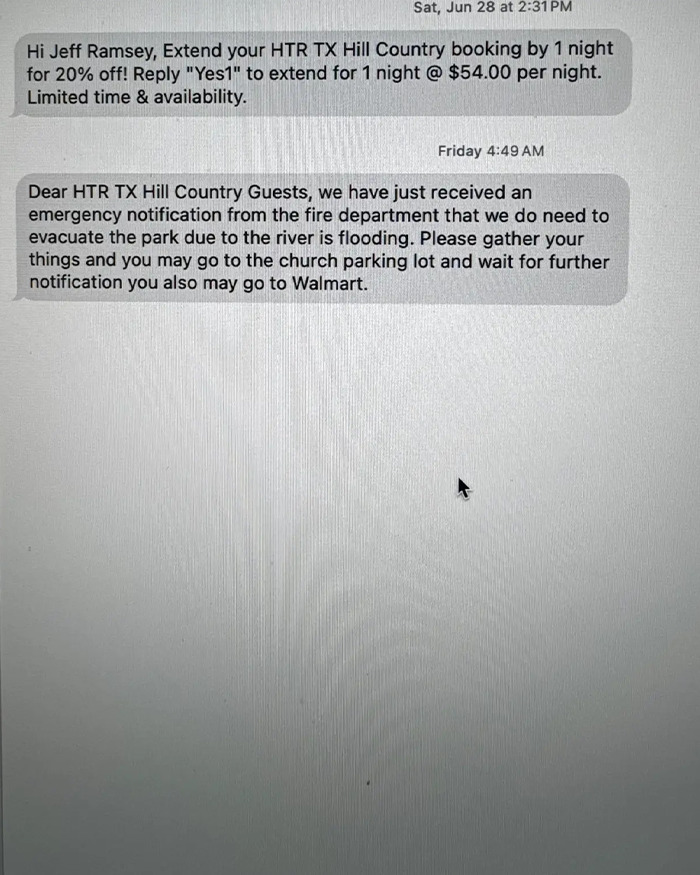 Text messages showing emergency evacuation notice due to Texas floods, related to dad's soul-crushing voicemails before disaster.