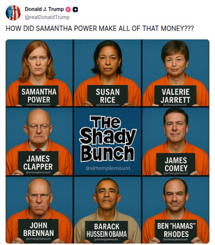 Mugshot-style image featuring Barack Obama and others in orange jumpsuits with names and The Shady Bunch text.