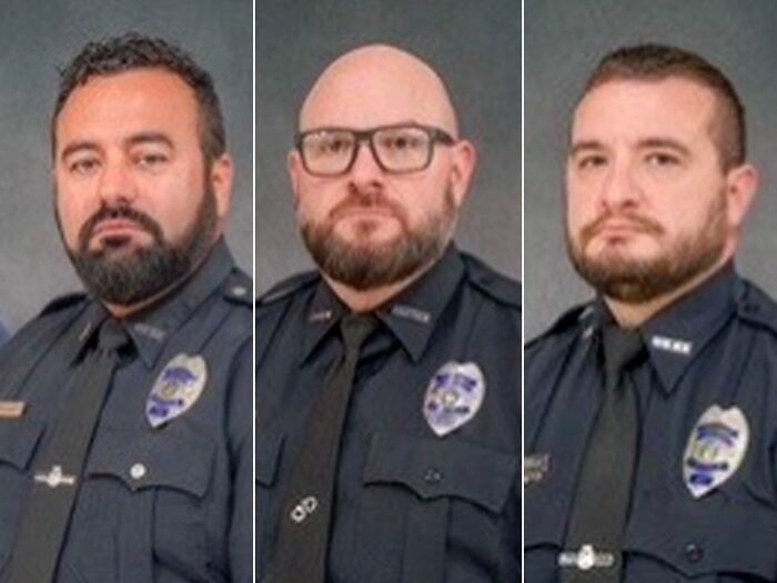 Three Ohio police officers wearing uniforms and badges in official portrait photos after ambush shooting incident.