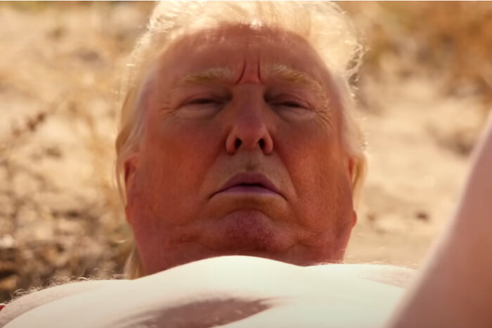 South Park on-set photo showing Donald Trump character in tiny manhood scene with desert background.