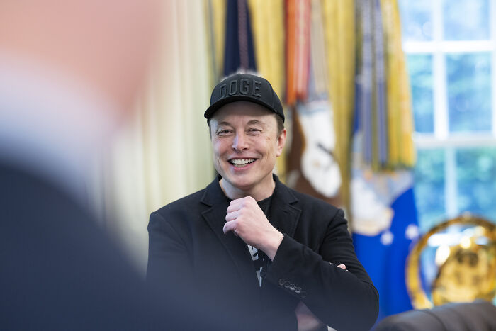 Elon Musk wearing a black cap and jacket, smiling in a colorful room with window light and decorative curtains.