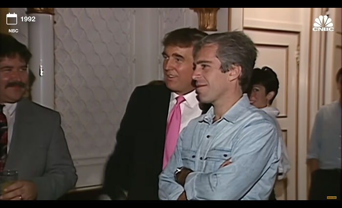 Donald Trump and Jeffrey Epstein in 1992 at a social event, linked to controversy over birthday note and legal threats.