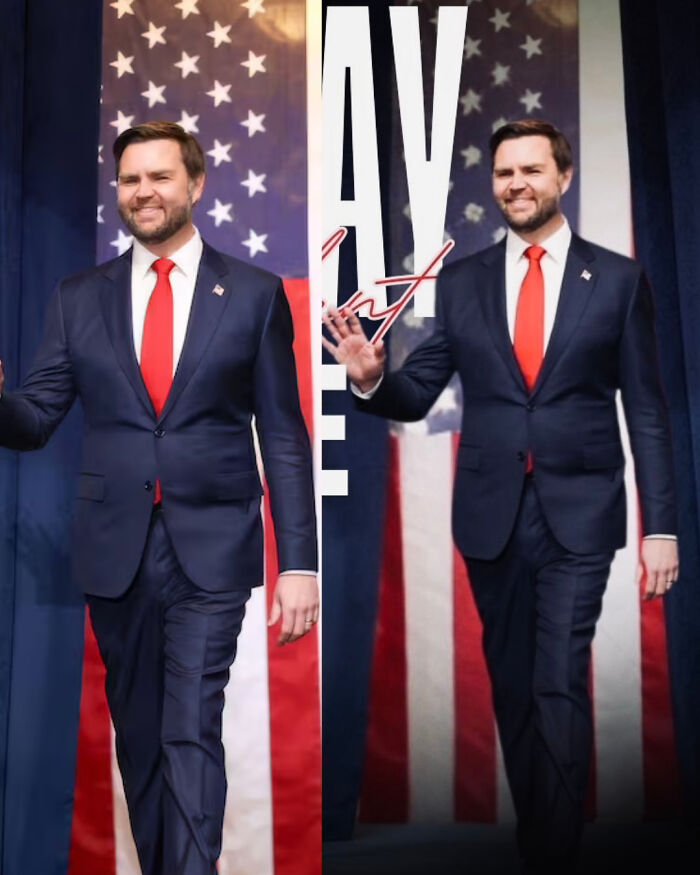 J.D. Vance in a navy suit and red tie walking in front of an American flag, showing alleged slimming effect in birthday photo.