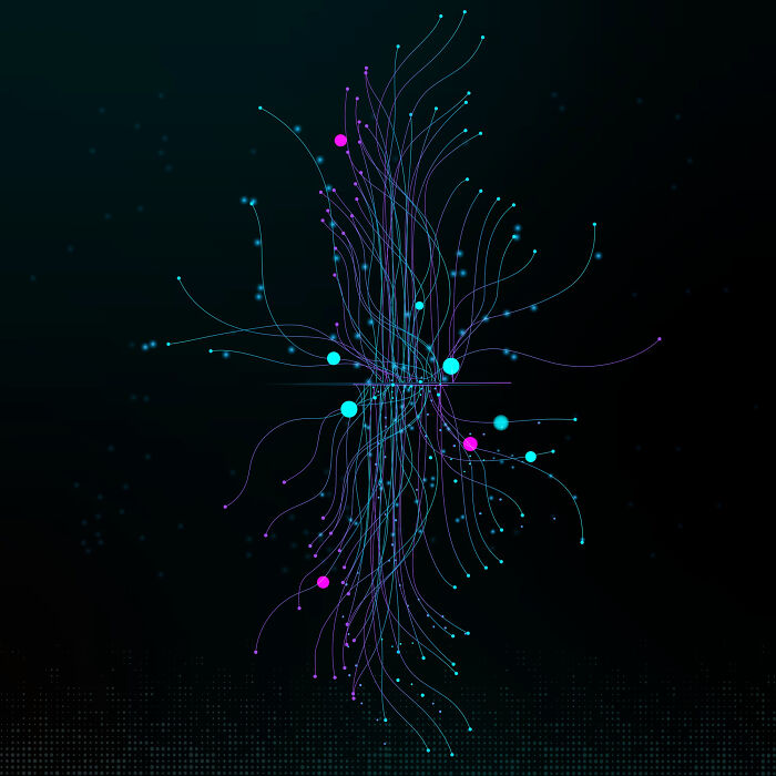 Abstract visualization of complex large language models with interconnected nodes and flowing lines on a dark background.