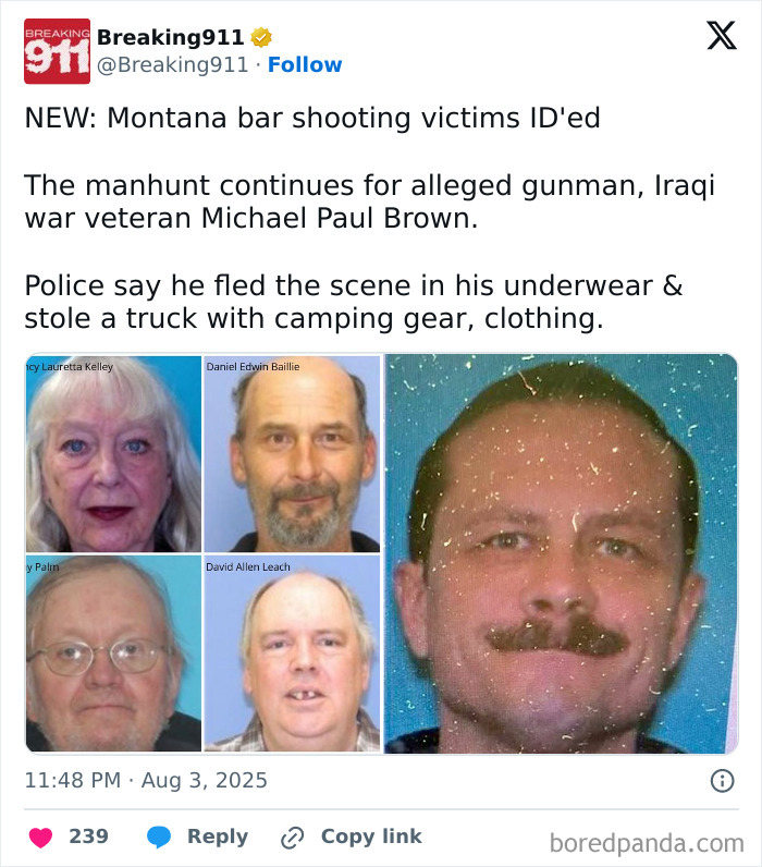 Mugshots of Montana bar shooting victims and suspect in ongoing manhunt as authorities warn he may return to the area