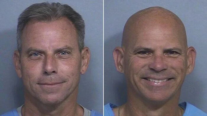 Mugshots of Erik Menendez, showing his face before and after bald, related to denied parole after slaying parents case.