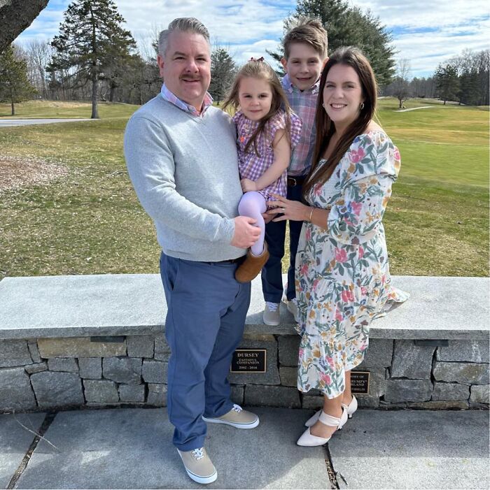 Family portrait of a man, woman, and two children outdoors, related to husband&rsquo;s brain cancer and TikTok posts.