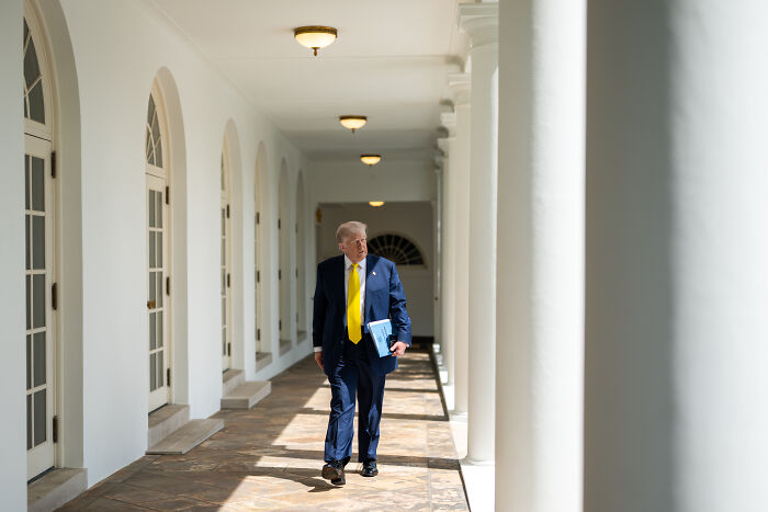Donald Trump walking in a White House corridor holding documents, symbolizing his gamble with big pharma drug pricing policies.