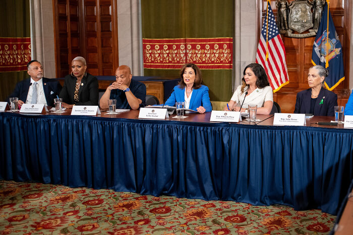 New York Governor Kathy Hochul speaking at a panel on redistricting and map overhaul after Texas GOP efforts.