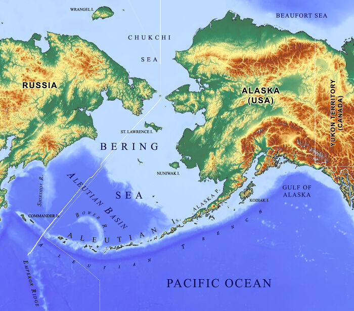 Map showing geographic proximity of Alaska and Russia across the Bering Sea with terrain and sea labels.