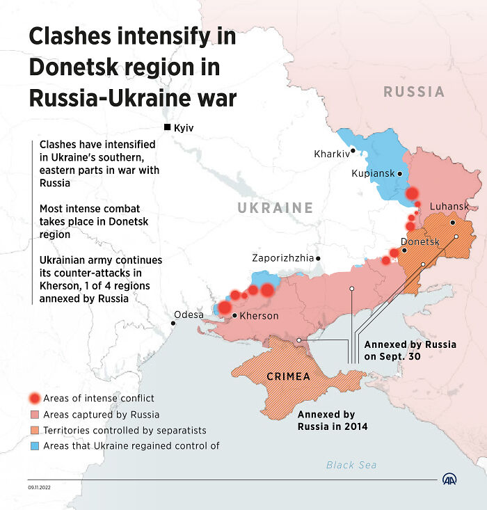 Map showing clashes and areas of Russia occupation in Ukraine highlighting West Bank-style occupation ahead of Trump-Putin meeting.