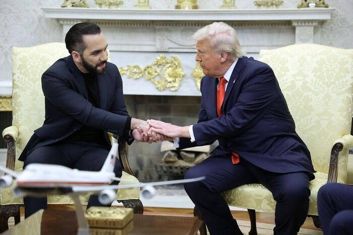 Donald Trump shaking hands with a man in a formal setting, highlighting U.S. human rights priorities domestically and internationally.