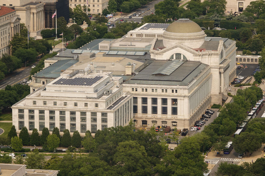 Aerial view of the Smithsonian Institution buildings in Washington, D.C., related to U.S. history review and White House policy.