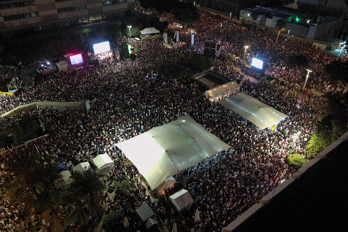 Massive crowd of Israelis gathered at night demanding end to war in Gaza after hostages footage emerged from Hamas.