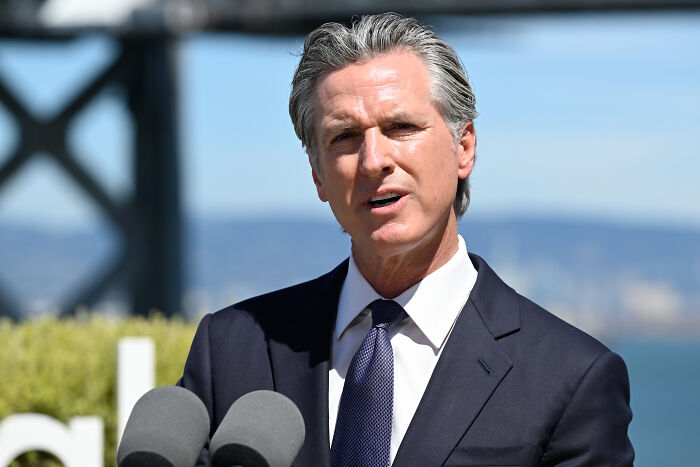 Gavin Newsom speaking at an outdoor event, wearing a dark suit and tie, showcasing his troll game.