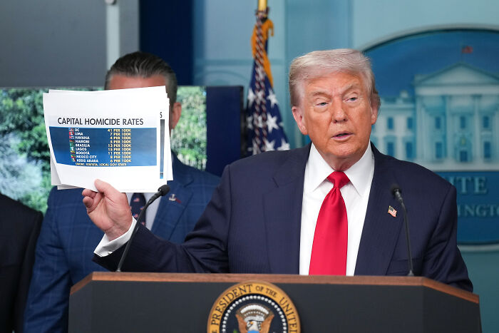 Donald Trump holding a paper with capital homicide rates during a federal takeover discussion in Washington, D.C.