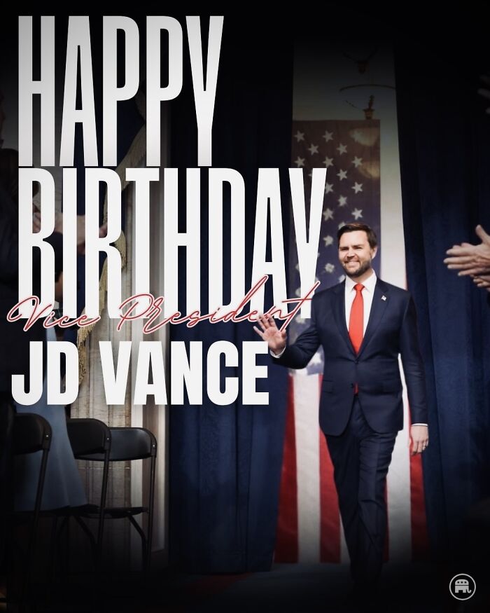 Vice President J.D. Vance walking and waving at birthday event with American flag backdrop and GOP logo visible.
