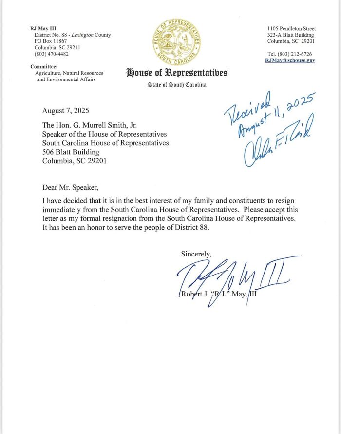 Resignation letter from GOP lawmaker Robert J. May III stepping down amid child exploitation video charges.