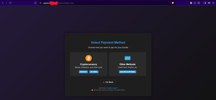 Payment method selection screen showing options for cryptocurrency and other payment methods on a dark-themed website fueling child exploitation economy.