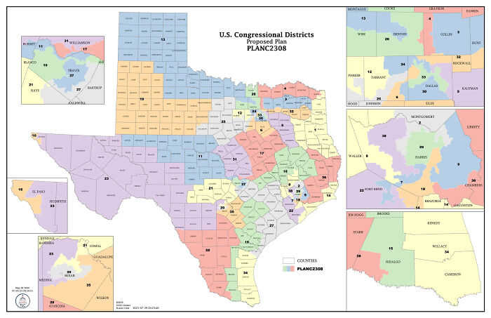 Map showing proposed U.S. Congressional districts in Texas amid GOP redistricting and New York governor&rsquo;s vow for map overhaul