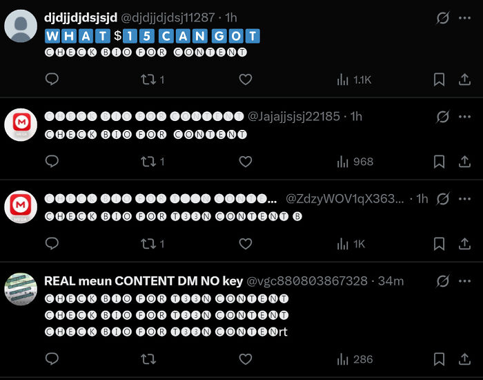 Screenshot of multiple social media posts with coded text potentially linked to fueling the child exploitation economy.