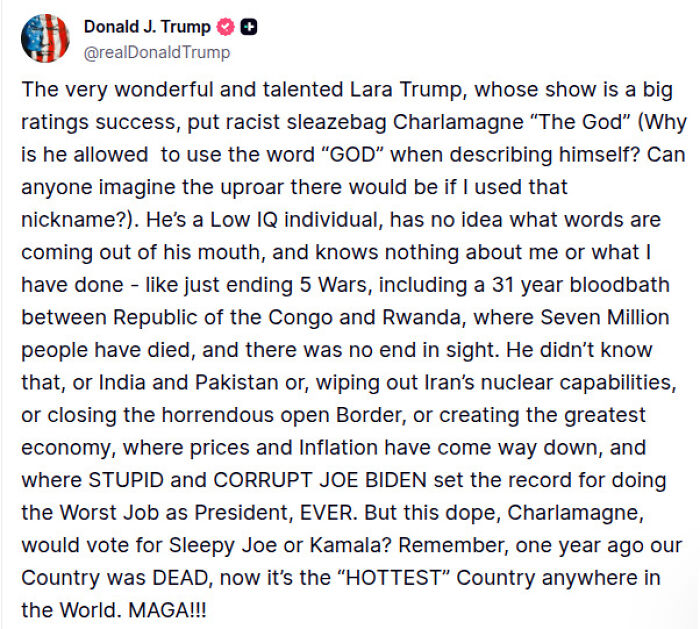 Screenshot of Donald J. Trump&rsquo;s tweet slamming Charlamagne Tha God as racist sleazebag after Epstein Files comment.