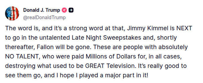 Screenshot of Donald J. Trump tweet criticizing Jimmy Kimmel&rsquo;s talent amid reports of new citizenship and celebrity departures from the U.S.