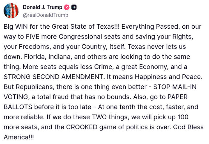 Alt text: Donald Trump tweet celebrating Texas GOP passing partisan map and highlighting Congressional seats and Second Amendment rights.