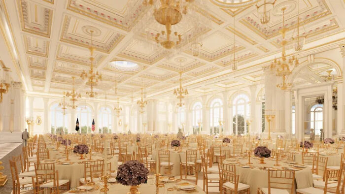 Elegant and ornate White House dining room set for an event, highlighting the luxurious Oval Office style and decor.