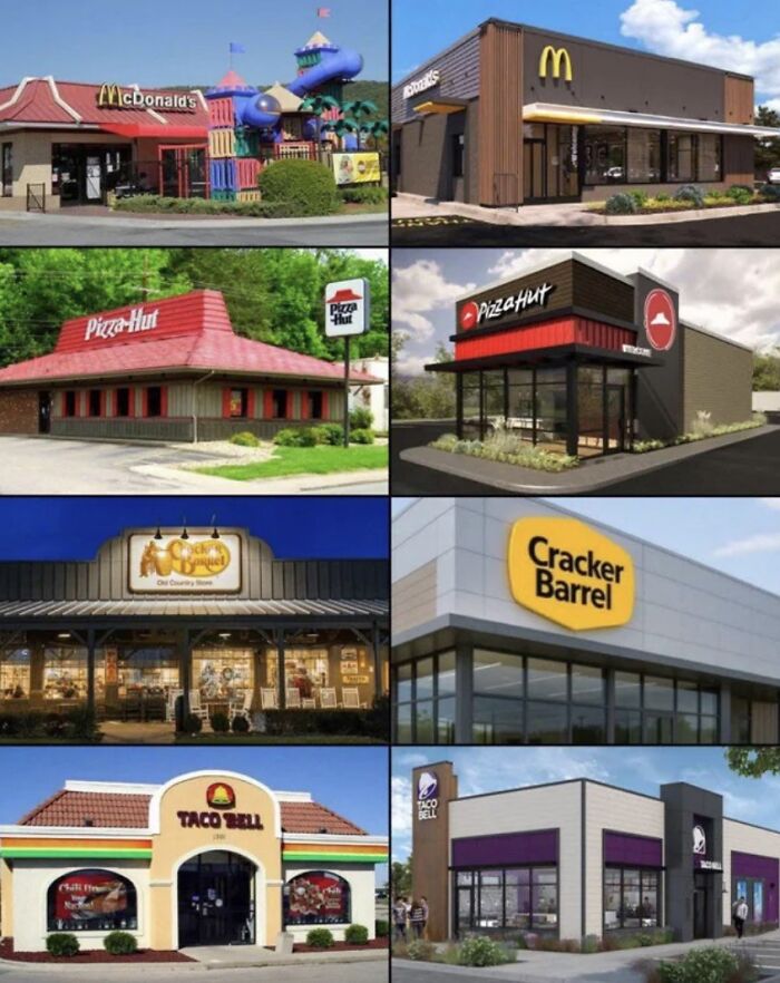 Side-by-side images showing old and new Cracker Barrel logos and other fast-food restaurant buildings.