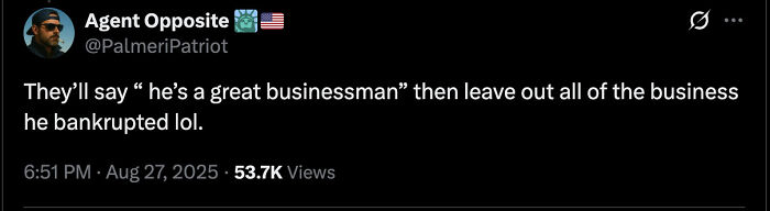 Screenshot of a tweet from Agent Opposite discussing views on MAGA and business controversies, with 53.7K views.