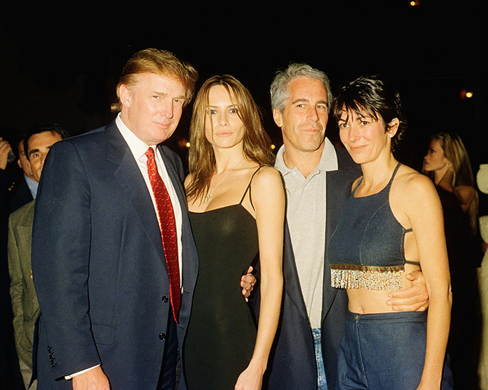 Donald Trump, Melania Trump, Jeffrey Epstein, and Ghislaine Maxwell posing together at a social event in the 1990s.