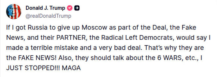 Screenshot of a Donald Trump tweet discussing Russia, Moscow, and claims about the Ukraine war ending quickly.