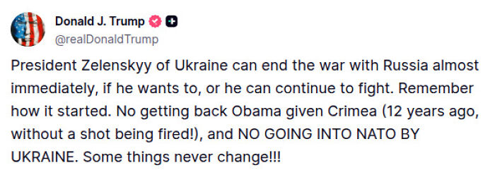 Screenshot of Donald J Trump&rsquo;s tweet claiming Ukraine war could end almost immediately if Zelenskyy acts on key demands.