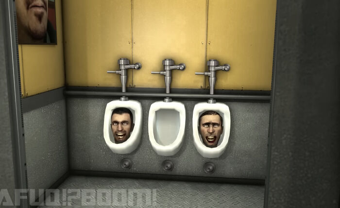 Two animated faces appear inside urinals in a cartoon bathroom scene, highlighting Skibidi and Delulu themes.