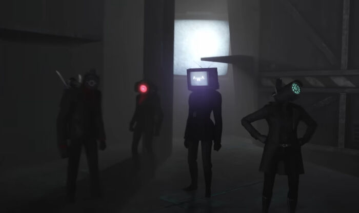 Four figures with glowing digital screens as heads stand in a dark room, illustrating skibidi and broligarchy themes.
