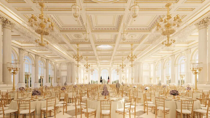 Lavish White House ballroom with gold chandeliers and elegant table settings amid Americans battling to afford essentials.