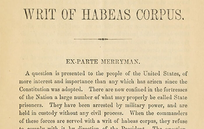 Old printed page showing writ of habeas corpus text from historical US legal document related to Constitution section removal issue.
