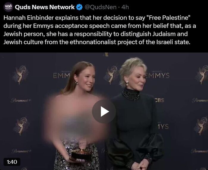 Hannah Einbinder at Emmys holding award with blurred censorship on bare shoulders praised by Hamas-linked outlet Free Palestine speech