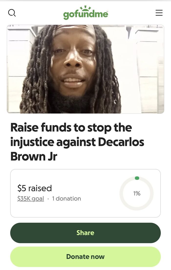 GoFundMe fundraising page for ex-con Decarlos Brown Jr with a $35K goal and a low donation amount displayed.